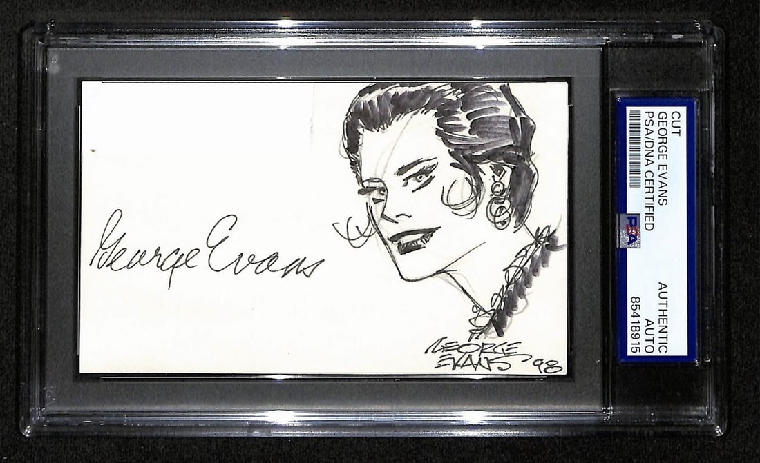 George Evans Signed Cut 3x5 Index Card PSA/DNA Authenticated: George Evans Signed Cut 3x5 Index Card PSA/DNA Authenticated Offered is an original signed cut from cartoonist George Evans on a 3x5 index card. This autographed item is authenticated by PSA/DNA and c