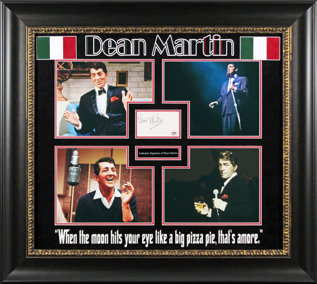 Framed Dean Martin autograph on 3x5 index card PSA DNA: Framed Dean Martin autograph on 3x5 index card PSA DNA This professionally framed display features an authentic 3x5 index card personally signed by Dean Martin of The Rat Pack. The autograph has been 