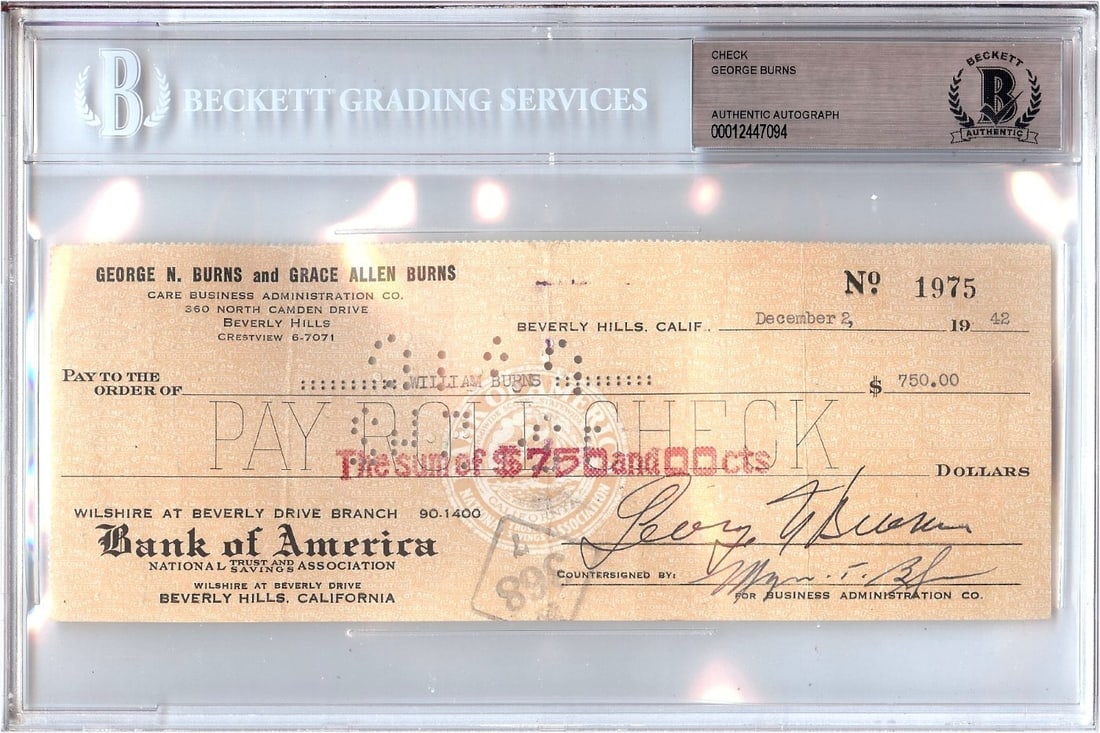 George Burns Signed 1942 Personal Check Authenticated by Beckett: George Burns Signed 1942 Personal Check Authenticated by Beckett This is an original personal check autographed by actor George Burns. The check has been authenticated by Beckett Authentication, ensur