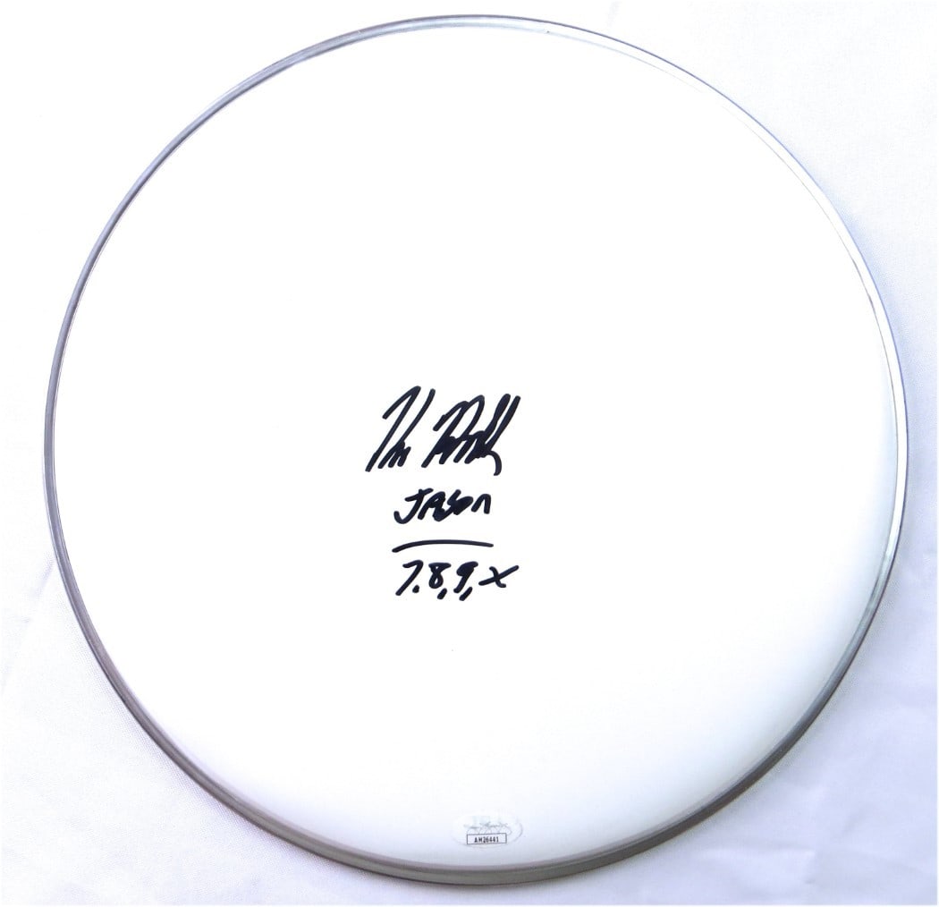 Kane Hodder Autographed 12" Drumhead Friday the 13th JSA Certified: Kane Hodder Autographed 12" Drumhead Friday the 13th JSA Certified This is an authentic 12" drumhead signed by Kane Hodder, known for his iconic portrayal of Jason Voorhees in the Friday the 13th fran
