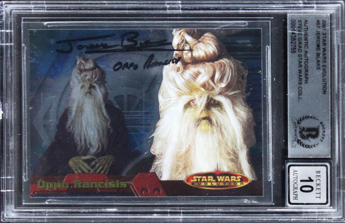 Star Wars Evolution 2001 Jerome Blake Signed Card Inscribed Oppo Rancisis BAS 10: Star Wars Evolution 2001 Jerome Blake Signed Card Inscribed Oppo Rancisis BAS 10 This is an original 2001 Star Wars Evolution #57 trading card that has been personally signed by Jerome Blake, featurin