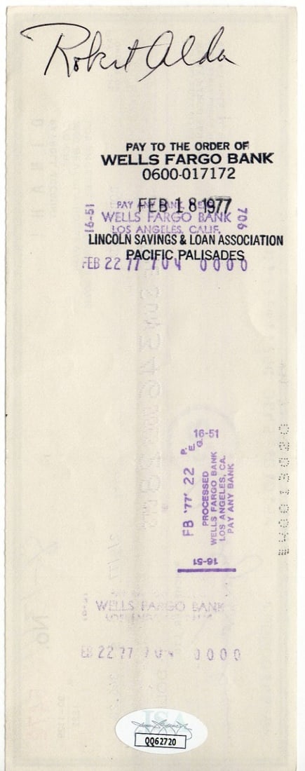 Authentic Robert Alda Signed Bank Check with JSA Authentication: Authentic Robert Alda Signed Bank Check with JSA Authentication This is an original bank check signed by legendary actor Robert Alda. The autograph has been authenticated by James Spence Authenticatio