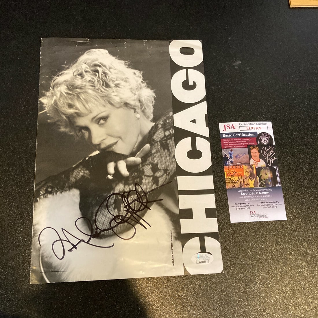 Chicago Movie Poster Signed by Melanie Griffith JSA Authenticated with Envelope: Chicago Movie Poster Signed by Melanie Griffith JSA Authenticated with Envelope This is a large Chicago poster autographed by Melanie Griffith. The signature has been authenticated by James Spence Aut