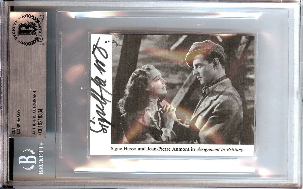 Signe Hasso Signed Cut Signature for Assignment in Brittany Beckett Authenticated: Signe Hasso Signed Cut Signature for Assignment in Brittany Beckett Authenticated This is an original autographed cut signature of Signe Hasso, encased and authenticated by Beckett Authentication Serv