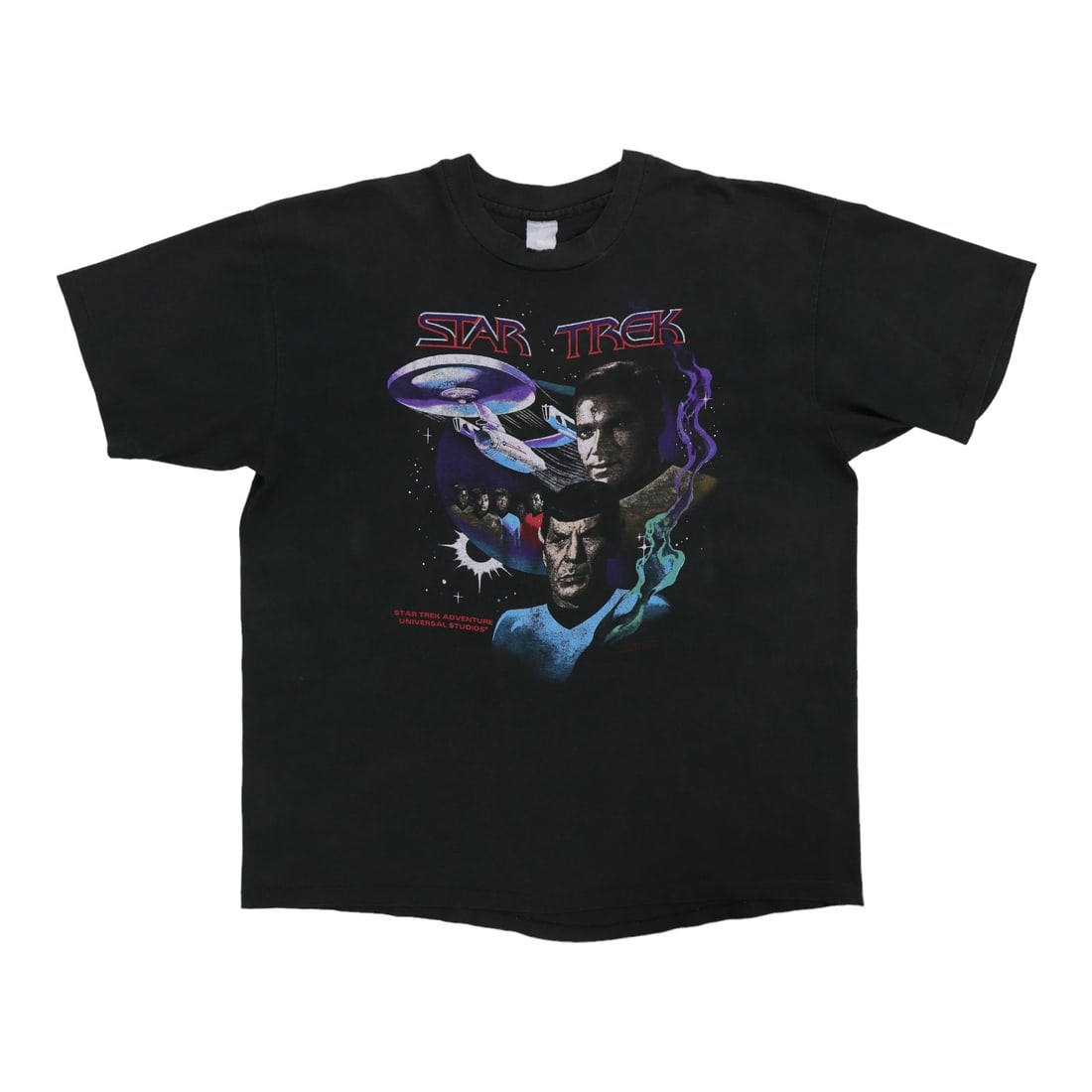Vintage 1990s Star Trek Boldly Go Black Cotton Graphic T-Shirt: Vintage 1990s Star Trek Boldly Go Black Cotton Graphic T-Shirt This is an original vintage 1990s Star Trek Boldly Go shirt featuring front and back graphics. The shirt is made from 100% cotton and