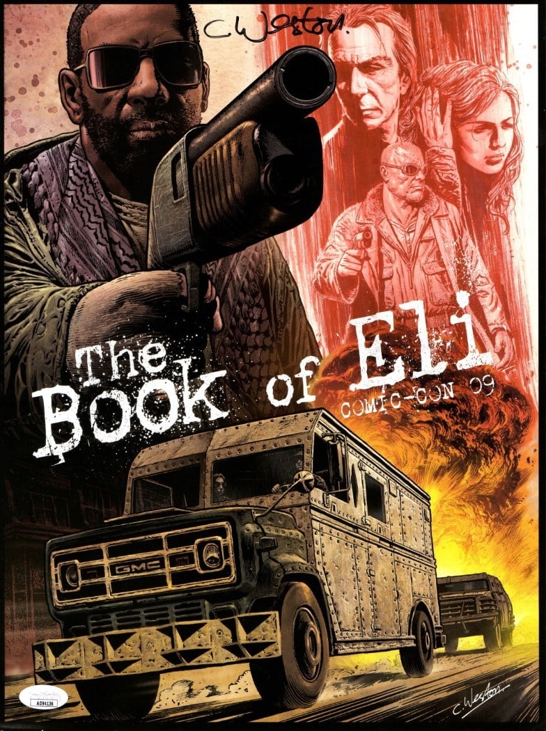 Chris Weston Signed Book of Eli 11.5x14 Poster JSA Authenticated: Chris Weston Signed Book of Eli 11.5x14 Poster JSA Authenticated This original 11.5X14 poster features a stunning image from the movie 'Book of Eli', autographed by artist Chris Weston. The signature