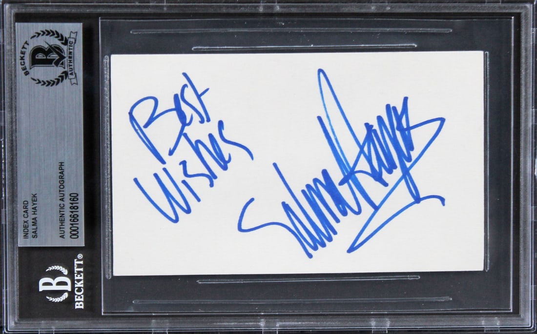 Salma Hayek Autographed 3x5 Card With Best Wishes Inscription Beckett Authenticated: Salma Hayek Autographed 3x5 Card With Best Wishes Inscription Beckett Authenticated This 3x5 index card features the handwritten inscription "Best Wishes" and has been personally signed by Salma