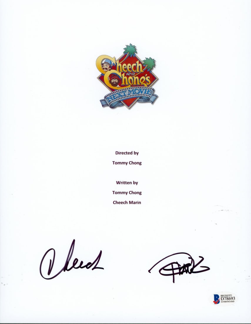 Cheech & Chong Next Movie Signed Script Cover BAS D78693: Cheech & Chong Next Movie Signed Script Cover BAS D78693 This 8.5x11 script cover from 'Cheech & Chong's Next Movie' features the authentic signatures of Cheech Marin and Tommy Chong. Each autograph i