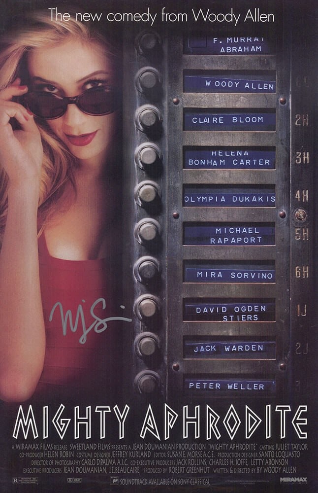 Mira Sorvino Signed Mighty Aphrodite 11x17 Poster with COA: Mira Sorvino Signed Mighty Aphrodite 11x17 Poster with COA This is an original 11x17 movie poster for 'Mighty Aphrodite' signed by Mira Sorvino. The poster comes with a numbered tamper-proof hologram 