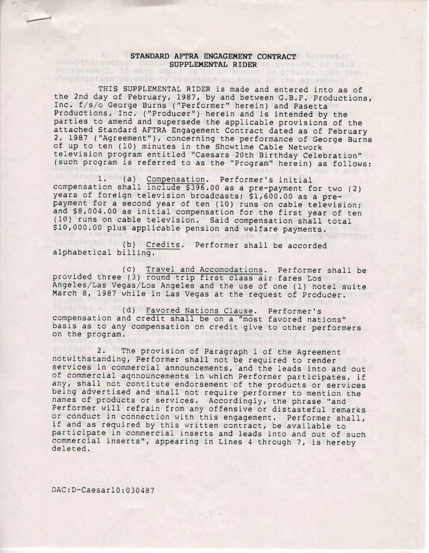 George Burns Original Signed Contract With JSA Authentication: George Burns Original Signed Contract With JSA Authentication This is an original contract signed by legendary comedy star George Burns. The autograph has been authenticated by James Spence Authentica