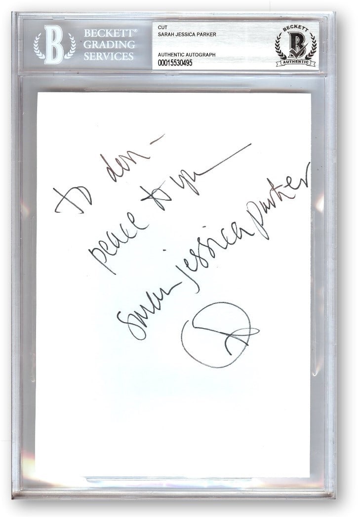 Autographed Sarah Jessica Parker Index Card with Beckett Authentication: Autographed Sarah Jessica Parker Index Card with Beckett Authentication This is an original index card autographed by Sarah Jessica Parker, known for her role in "Sex and the City." The autograph has 
