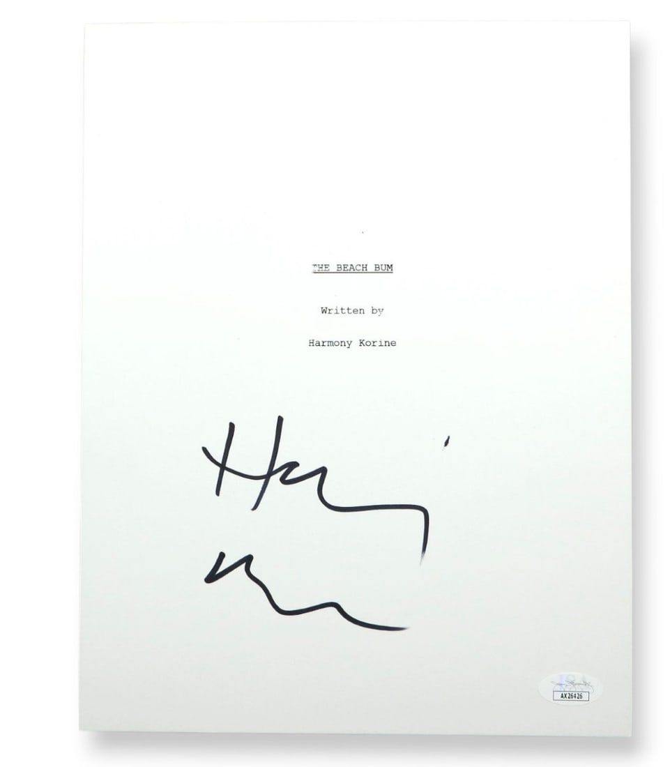 Harmony Korine Autographed The Beach Bum Script Cover JSA Certified: Harmony Korine Autographed The Beach Bum Script Cover JSA Certified This is an original script cover for the film 'The Beach Bum,' autographed by the acclaimed writer and director Harmony Korine. The 