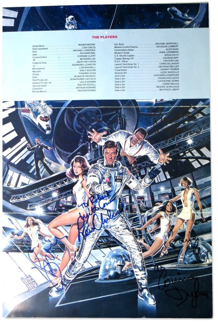 Moonraker Cast Signed Program Roger Moore Richard Kiel Beckett Authenticated: Moonraker Cast Signed Program Roger Moore Richard Kiel Beckett Authenticated This original Moonraker program is multi-signed by cast members Roger Moore, Lois Chiles, Richard Kiel, and Corinne Clery. 
