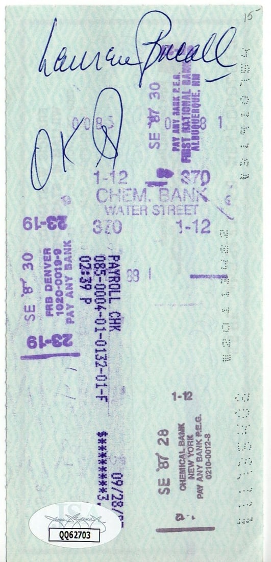 Lauren Bacall Autographed Bank Check JSA Certified Signature: Lauren Bacall Autographed Bank Check JSA Certified Signature This is an original bank check signed by the legendary actress Lauren Bacall. The autograph has been authenticated by James Spence Authenti