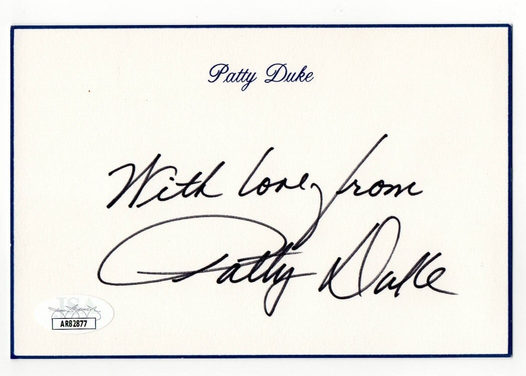 Patty Duke Cut Signature Autograph JSA Valley of the Dolls 4.25 x 6.25: Patty Duke Cut Signature Autograph JSA Valley of the Dolls 4.25 x 6.25 This is an original cut signature of Patty Duke, authentically autographed and measuring approximately 4.25 x 6.25 inches. The au