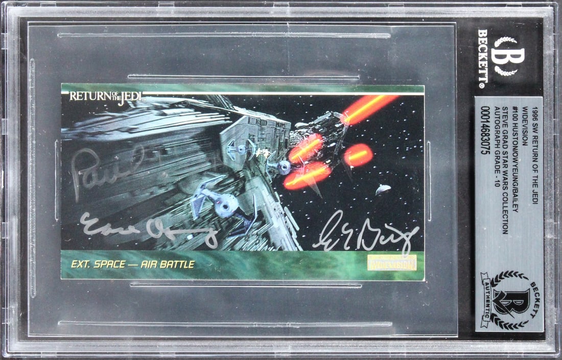 Star Wars 1996 ROTJ Widevision #100 Signed Card by Huston Owyeung Bailey BAS Gem Mint 10: Star Wars 1996 ROTJ Widevision #100 Signed Card by Huston Owyeung Bailey BAS Gem Mint 10 This stunning autographed 1996 Star Wars Return of the Jedi Widevision #100 card is graded Gem Mint 10 and feat