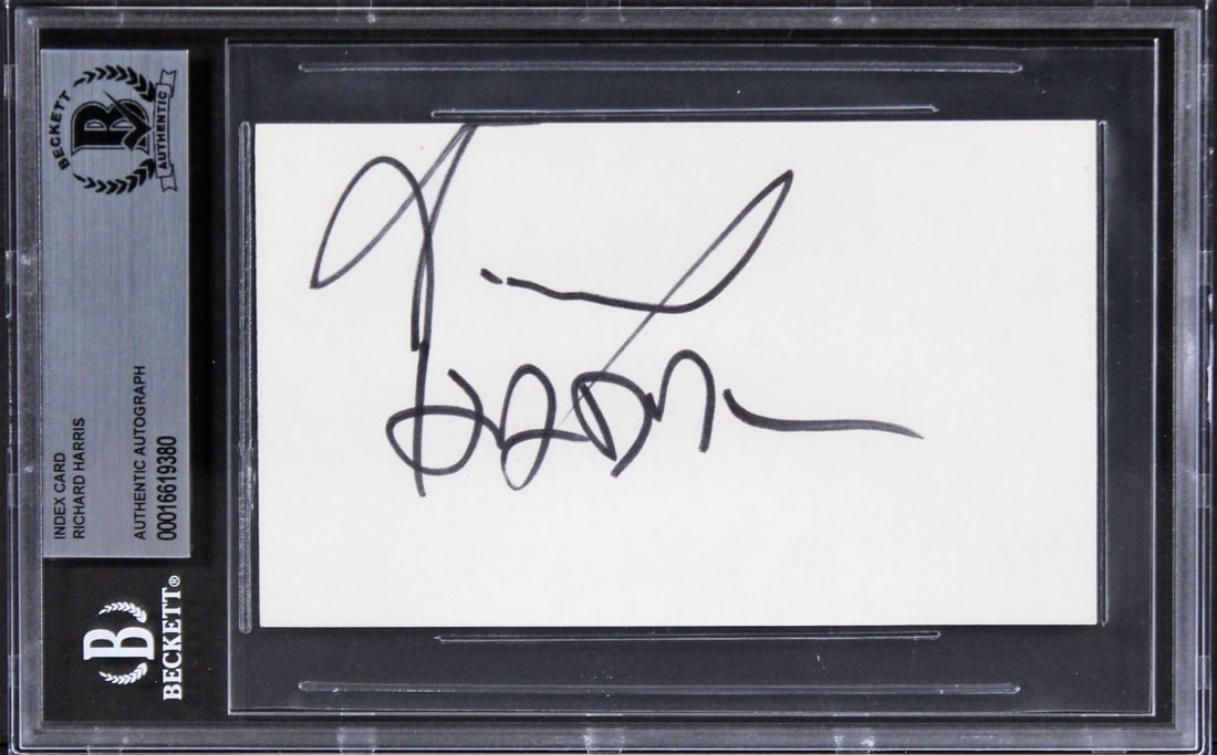 Richard Harris Gladiator Signed 3x5 Index Card Beckett Authenticated: Richard Harris Gladiator Signed 3x5 Index Card Beckett Authenticated This authentic 3x5 index card features a black signature from Richard Harris, the iconic actor known for his role in the film "Glad