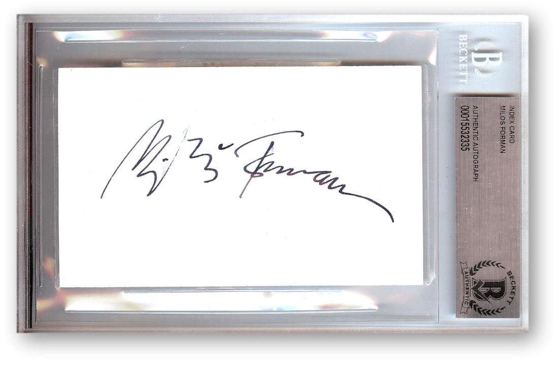 Index Card Signed by Milos Forman Beckett Authenticated Autograph: Index Card Signed by Milos Forman Beckett Authenticated Autograph This is an original index card signed by Milos Forman, the acclaimed writer and director. The autographed card comes in a Beckett slab