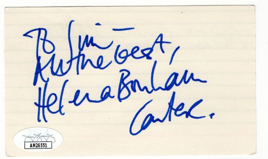 Helena Bonham Carter Autographed Index Card Fight Club JSA Authenticated: Helena Bonham Carter Autographed Index Card Fight Club JSA Authenticated This is an original autographed index card signed by Helena Bonham Carter, known for her iconic role in 'Fight Club'. The index