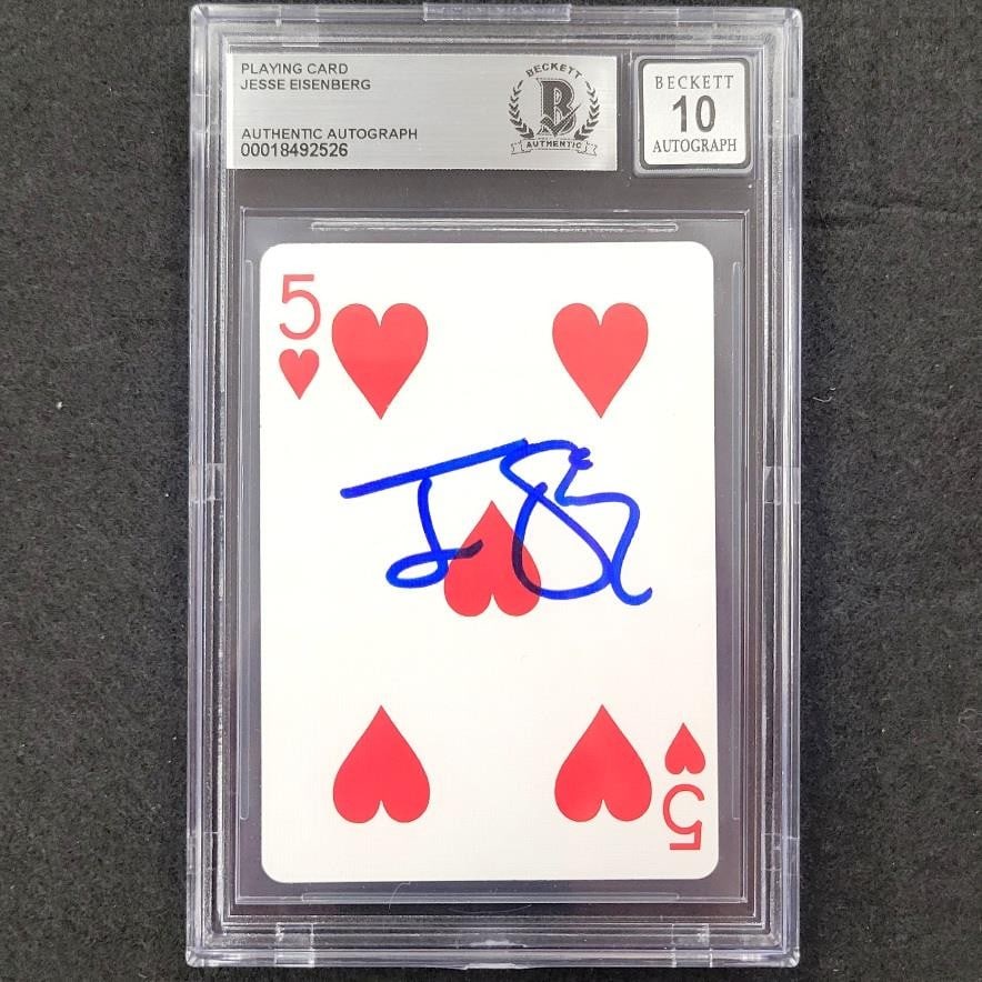 Jesse Eisenberg Signed 5 Hearts Card Now You See Me Beckett Authenticated: Jesse Eisenberg Signed 5 Hearts Card Now You See Me Beckett Authenticated This is an original signed 5 Hearts playing card by Jesse Eisenberg, featured in the movie "Now You See Me". The autograph has