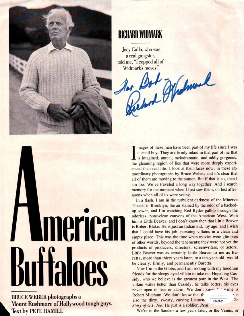 Autographed Kiss of Death Magazine Article with JSA COA by Richard Widmark: Autographed Kiss of Death Magazine Article with JSA COA by Richard Widmark This is an original magazine article autographed by Richard Widmark, known for his role in "Kiss of Death." The signature has