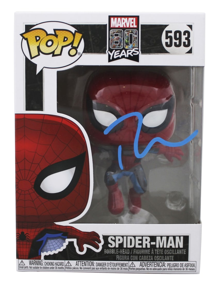JSA authenticated Tobey Maguire signed Spider-Man #593 Funko Pop: JSA authenticated Tobey Maguire signed Spider-Man #593 Funko Pop This is an original Spider-Man #593 Funko Pop Vinyl Figure, personally signed by Tobey Maguire, the actor who portrayed Spider-Man. The