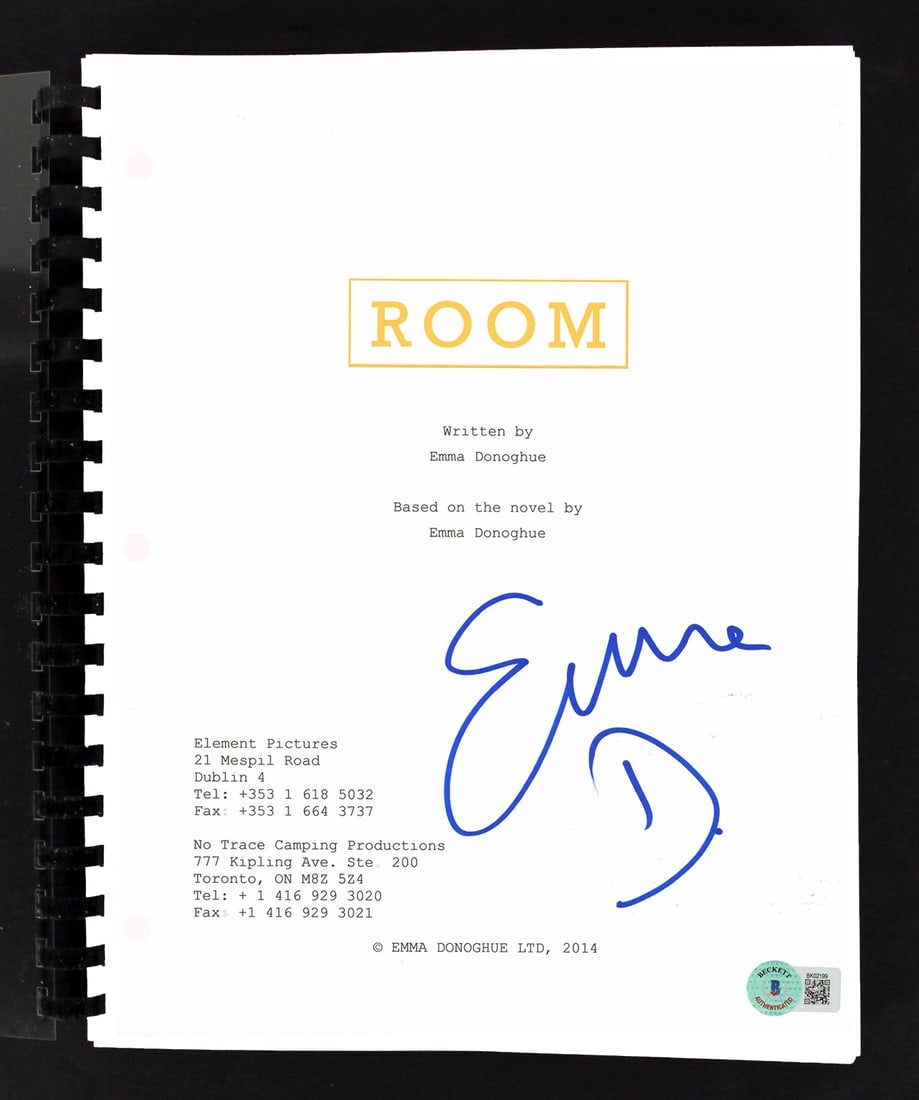 Emma Donoghue Autographed Room Movie Script with Beckett Authentication: Emma Donoghue Autographed Room Movie Script with Beckett Authentication This authentic autographed movie script of 'Room' features the signature of Emma Donoghue, the acclaimed author. The script is 1