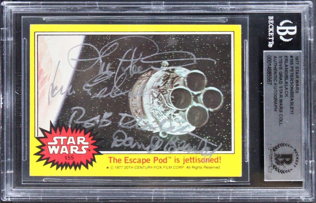 Star Wars Signed 1977 #155 Card by 4 Creators Beckett Slabbed: Star Wars Signed 1977 #155 Card by 4 Creators Beckett Slabbed This is an original 1977 Star Wars #155 trading card, personally signed by notable contributors Lorne Peterson, Jonathan Erland, Robert Bl