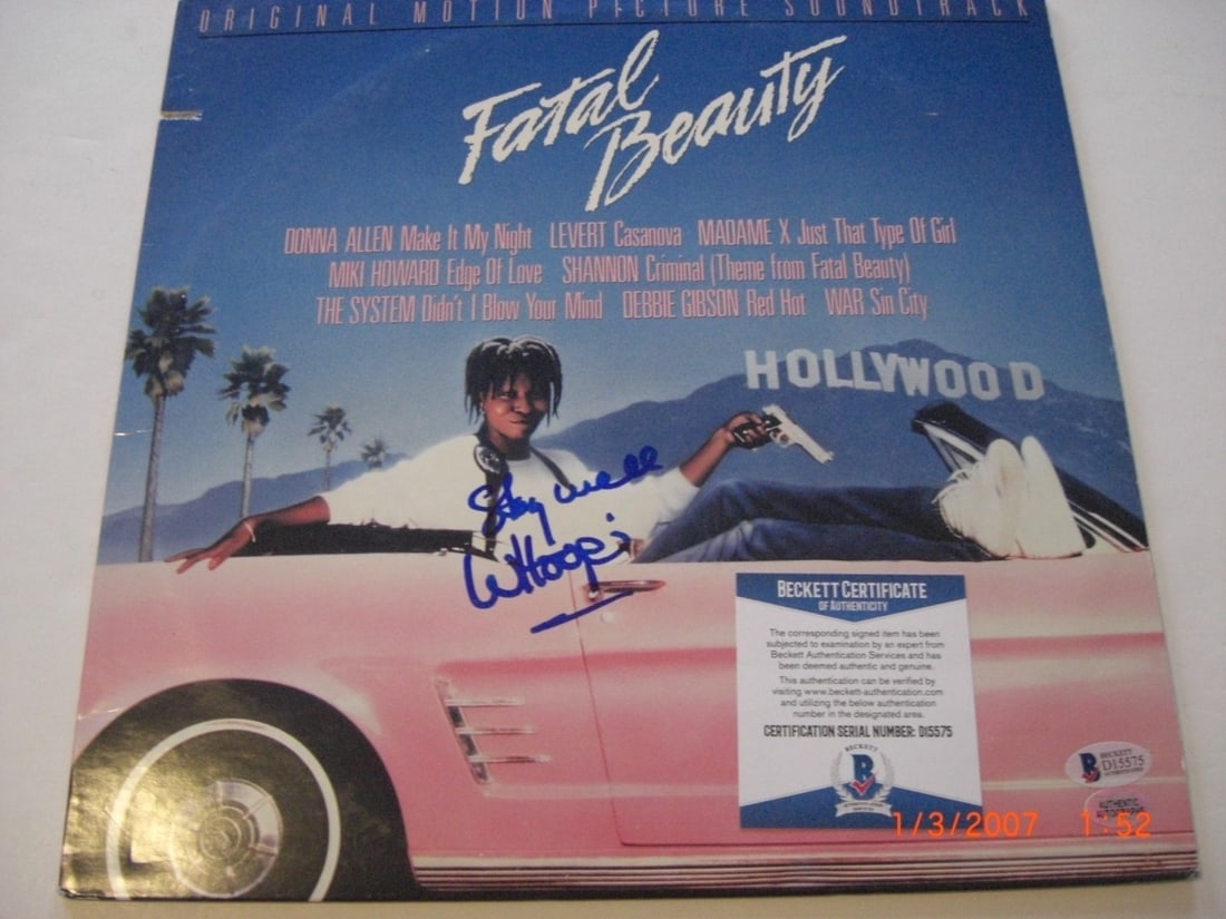 Signed Fatal Beauty Laserdisc Album by Whoopie Goldberg with Beckett COA: Signed Fatal Beauty Laserdisc Album by Whoopie Goldberg with Beckett COA This is an original laserdisc album signed by actress Whoopi Goldberg, known for her role in "Fatal Beauty." The album originat