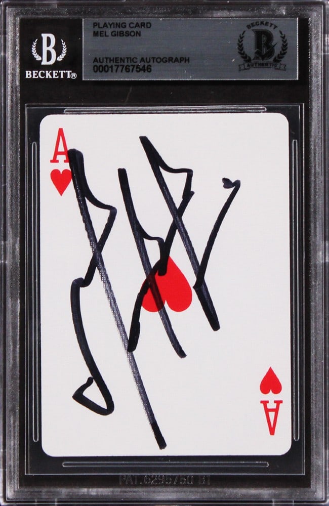 Beckett Slabbed Mel Gibson Maverick Ace of Hearts Autograph Card: Beckett Slabbed Mel Gibson Maverick Ace of Hearts Autograph Card This is an authentic Ace of Hearts card personally signed by Mel Gibson, known for his role in Maverick. The card has been slabbed and 