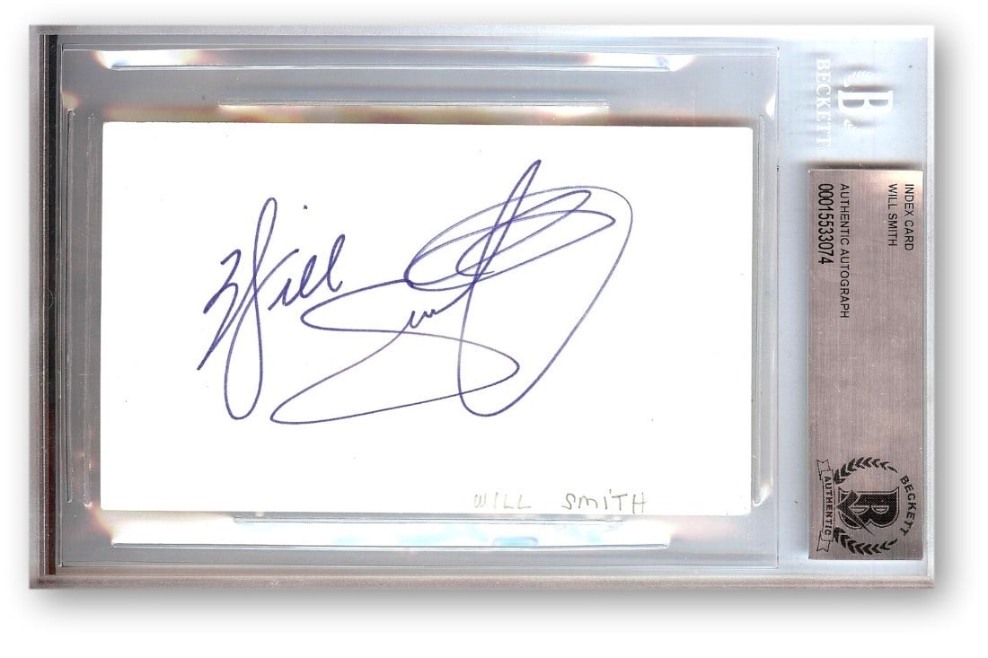 Will Smith Autographed Index Card Beckett Authenticated BAS Slab: Will Smith Autographed Index Card Beckett Authenticated BAS Slab This authentic index card is signed by Will Smith and is presented in a Beckett slab case. The card measures approximately 4.5 x 7 inch