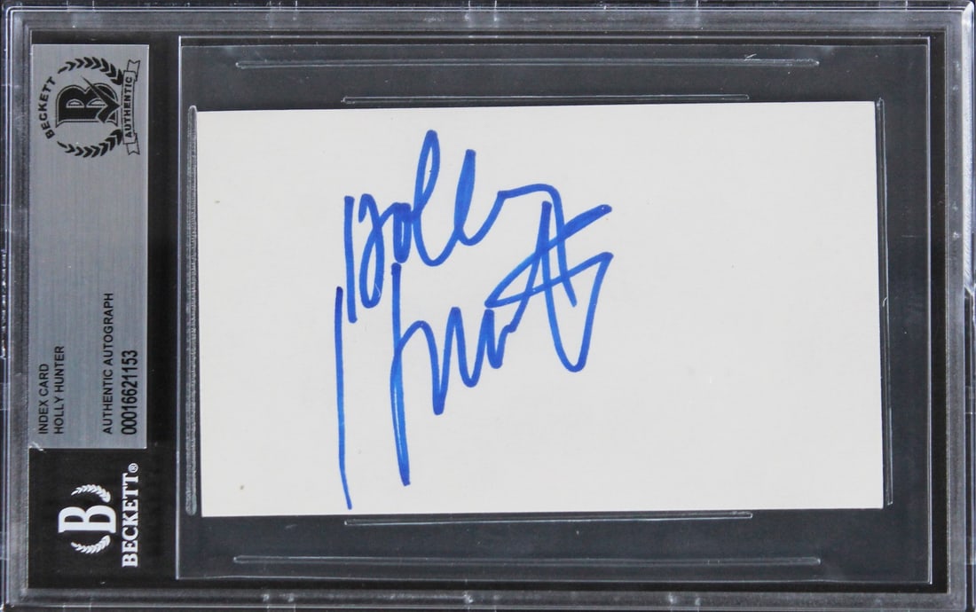 Beckett Slabbed Holly Hunter Signed 3x5 Index Card The Incredibles: Beckett Slabbed Holly Hunter Signed 3x5 Index Card The Incredibles This 3x5 index card has been personally signed by Holly Hunter, known for her role in The Incredibles. The autograph is authenticated