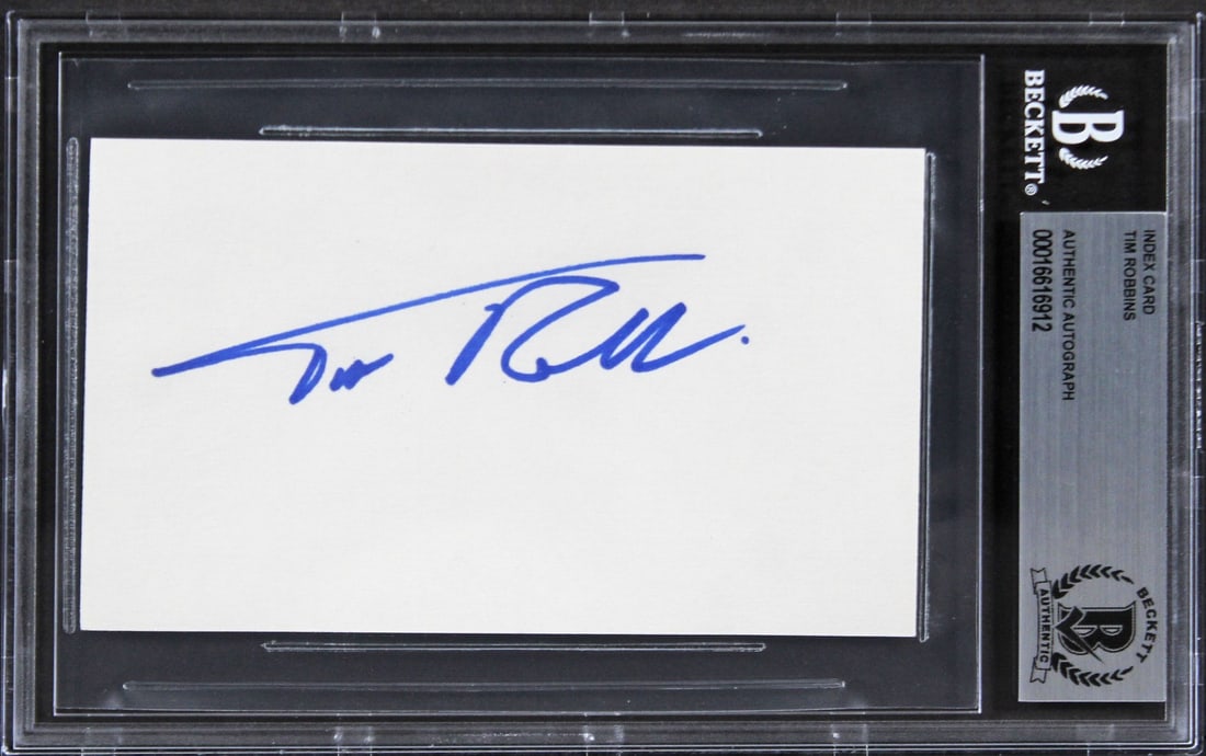 Tim Robbins Autographed 3x5 Card Slabbed by Beckett Mystic River: Tim Robbins Autographed 3x5 Card Slabbed by Beckett Mystic River This 3x5 index card has been personally signed by Tim Robbins from Mystic River. The autograph is authenticated and slabbed by Beckett 