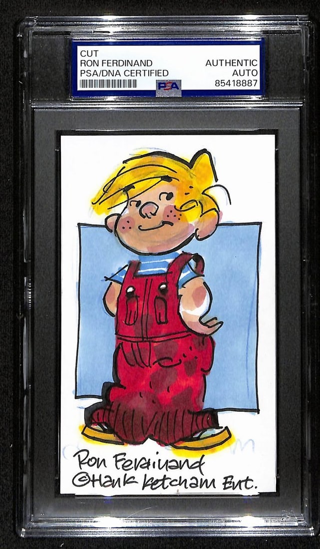 Ron Fredinand Signed Inscribed Cut 3x5 Index Card PSA/DNA: Ron Fredinand Signed Inscribed Cut 3x5 Index Card PSA/DNA This offering features an original signed and inscribed cut of Ron Fredinand, renowned cartoonist of "Dennis the Menace," presented on a 3x5 i