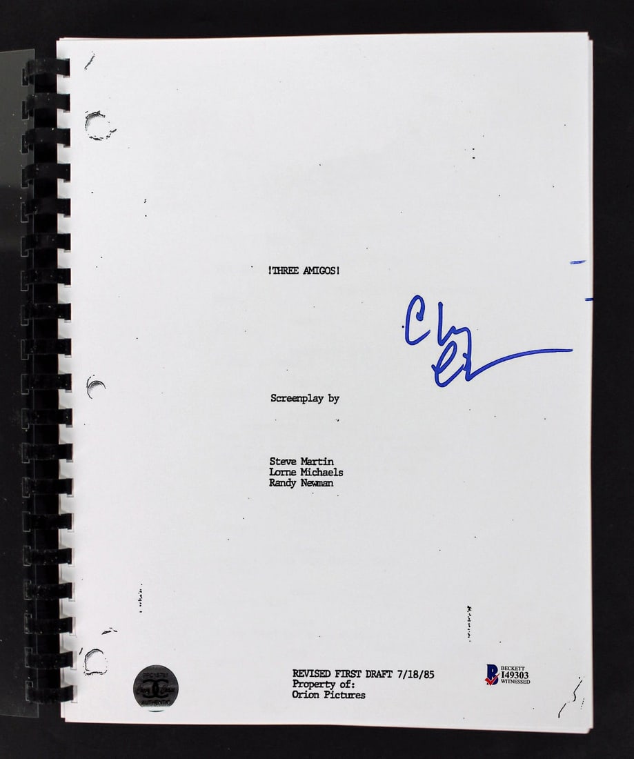 Chevy Chase Signed Three Amigos Movie Script 123 Pages BAS Authenticated: Chevy Chase Signed Three Amigos Movie Script 123 Pages BAS Authenticated This authentic replica movie script of "Three Amigos!" has been personally signed by Chevy Chase. It features a comprehensive 1