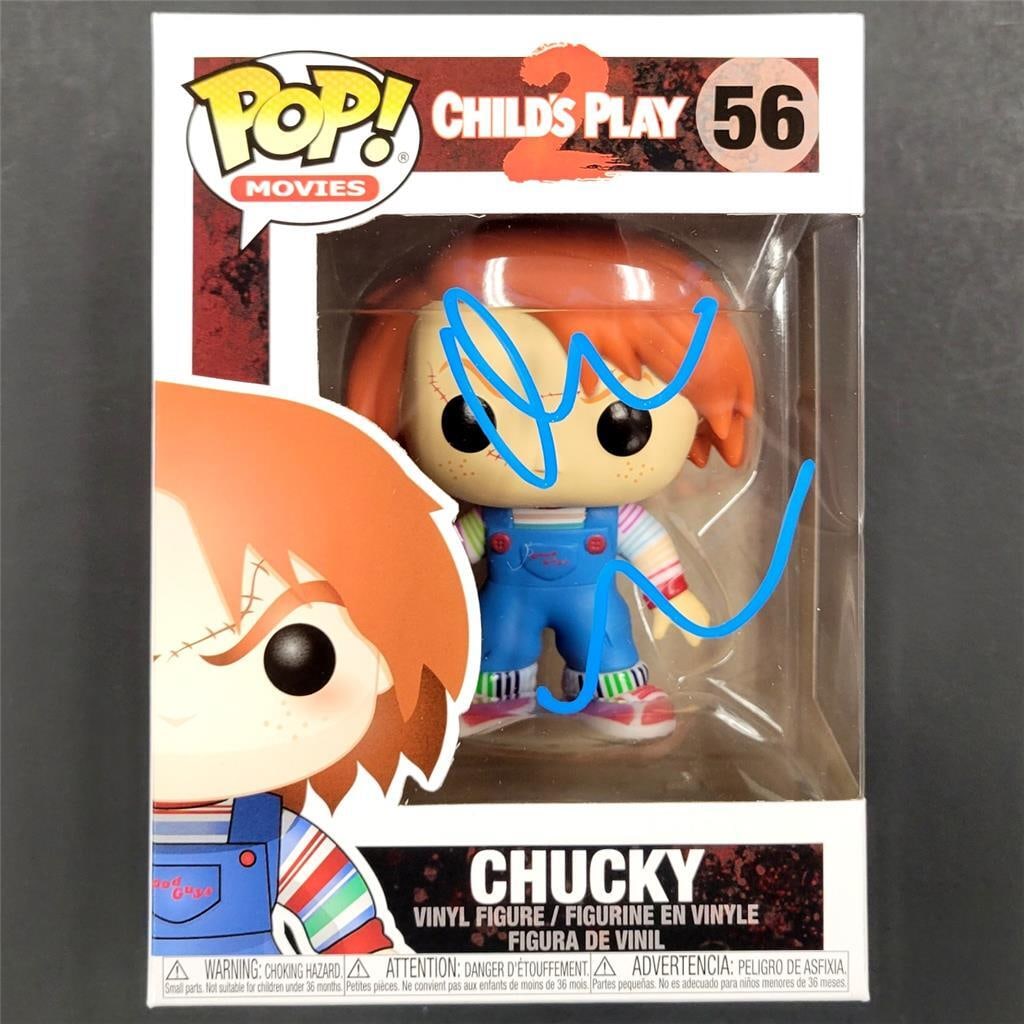 Chucky Funko Pop signed by Don Mancini with Beckett authentication: Chucky Funko Pop signed by Don Mancini with Beckett authentication This is an original Chucky Funko Pop collectible from the movie Child's Play, featuring a blue autograph signed by director Don Manci