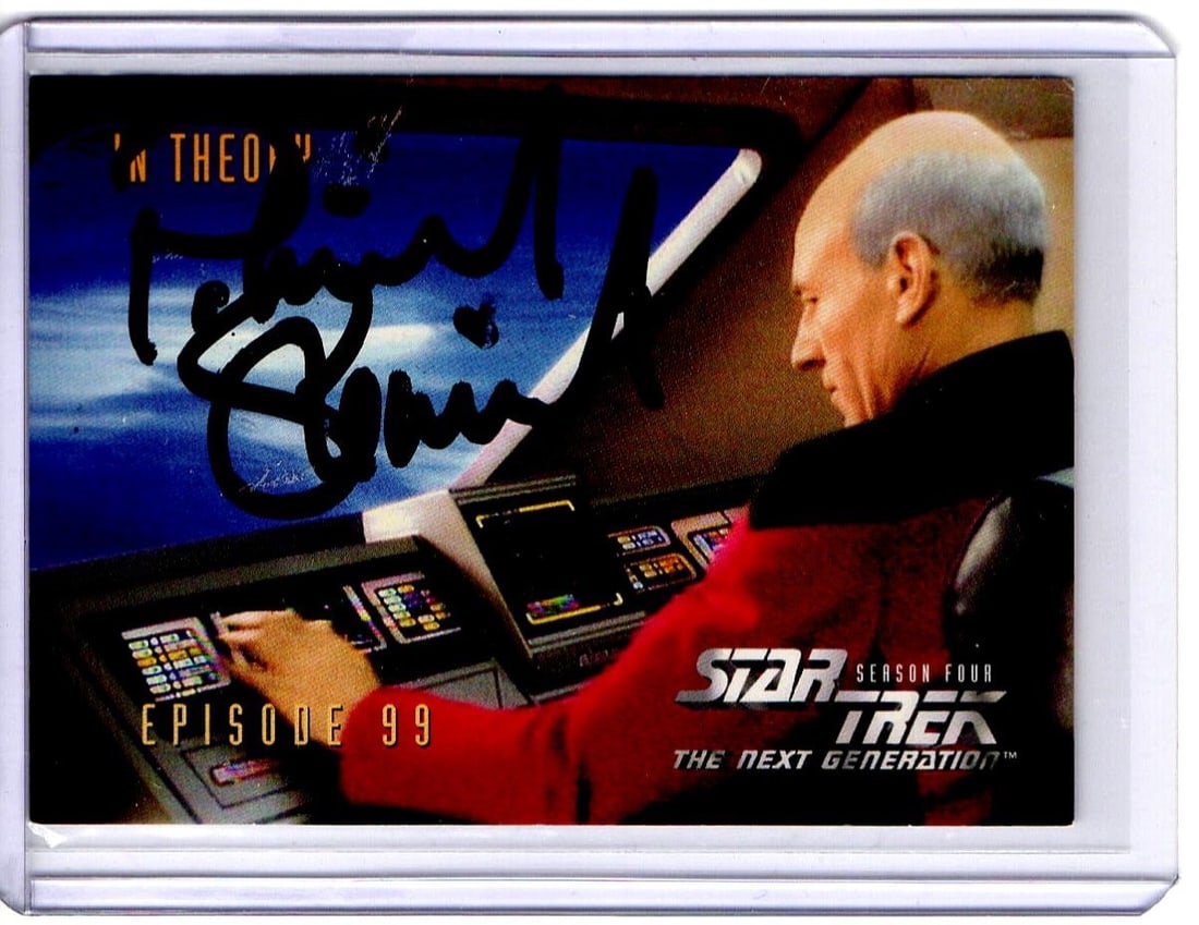 Patrick Stewart Autographed Star Trek TNG Trading Card JSA Certified: Patrick Stewart Autographed Star Trek TNG Trading Card JSA Certified This is an original autographed trading card featuring Patrick Stewart, best known for his role as Captain Jean-Luc Picard in Star 