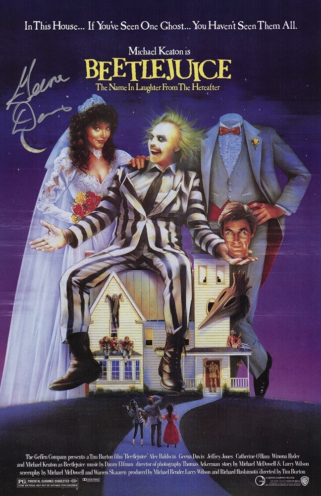 Geena Davis Signed Beetlejuice 11x17 Movie Poster with COA: Geena Davis Signed Beetlejuice 11x17 Movie Poster with COA This is a Geena Davis signed 11x17 movie poster from the classic film Beetlejuice. The poster is an original piece and features a verified si