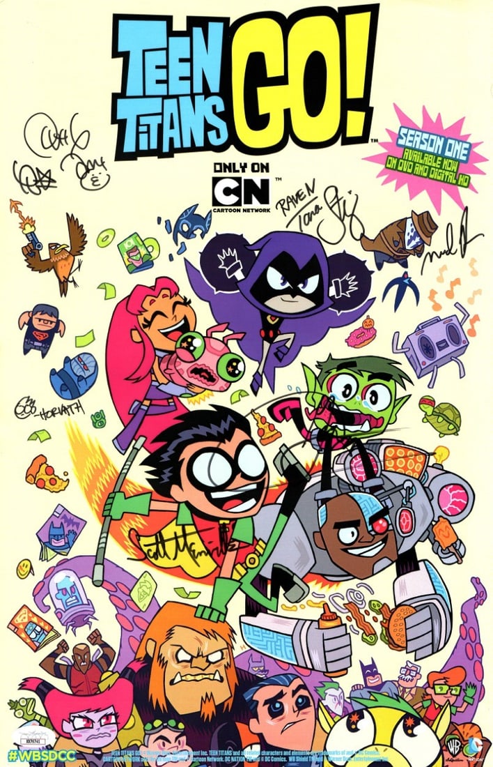 Teen Titans Go Cast Signed 11x17 Poster Authenticated by JSA: Teen Titans Go Cast Signed 11x17 Poster Authenticated by JSA This is an original 11x17 inch poster from Teen Titans Go!, autographed by cast members Scott Menville, Greg Cipes, Tara Strong, Aaron Horv