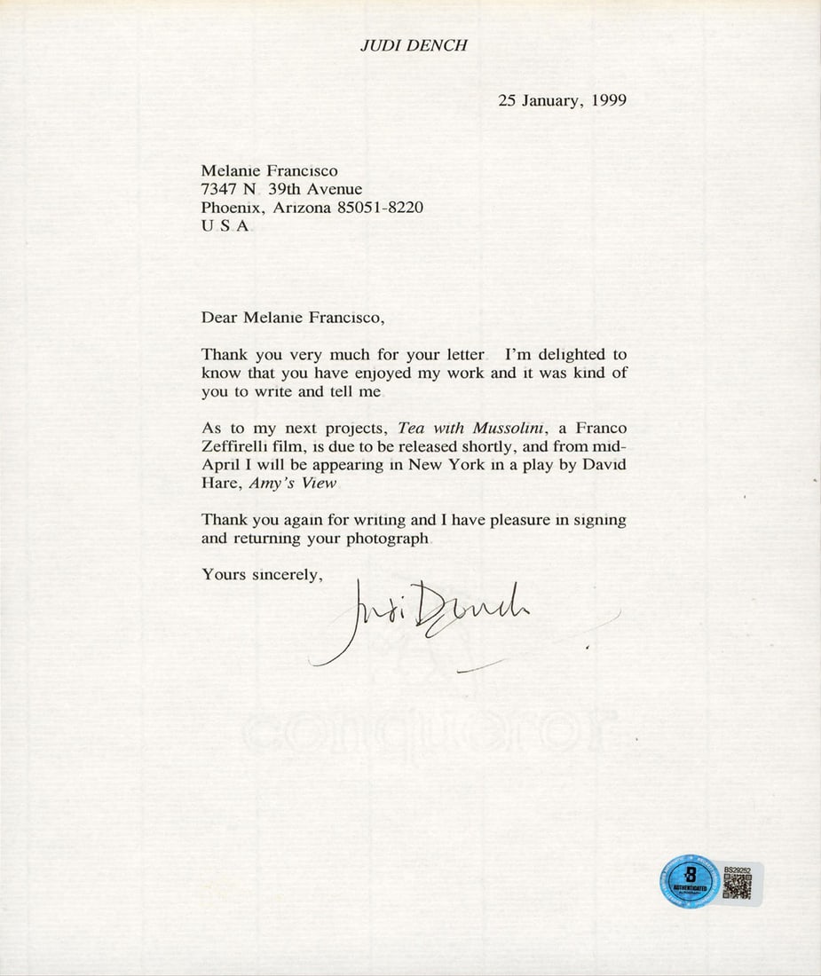 Judi Dench Signed James Bond 007 8.5x11 Letter Beckett Authenticated (1 of 1)