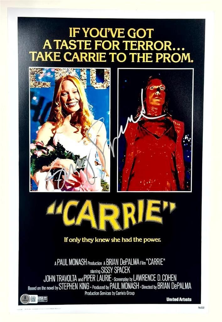 Sissy Spacek Autographed Carrie 12x18 Movie Poster Beckett Authenticated: Sissy Spacek Autographed Carrie 12x18 Movie Poster Beckett Authenticated This is an original 12x18 movie poster photograph of the iconic film 'Carrie', signed by the talented actress Sissy Spacek. The