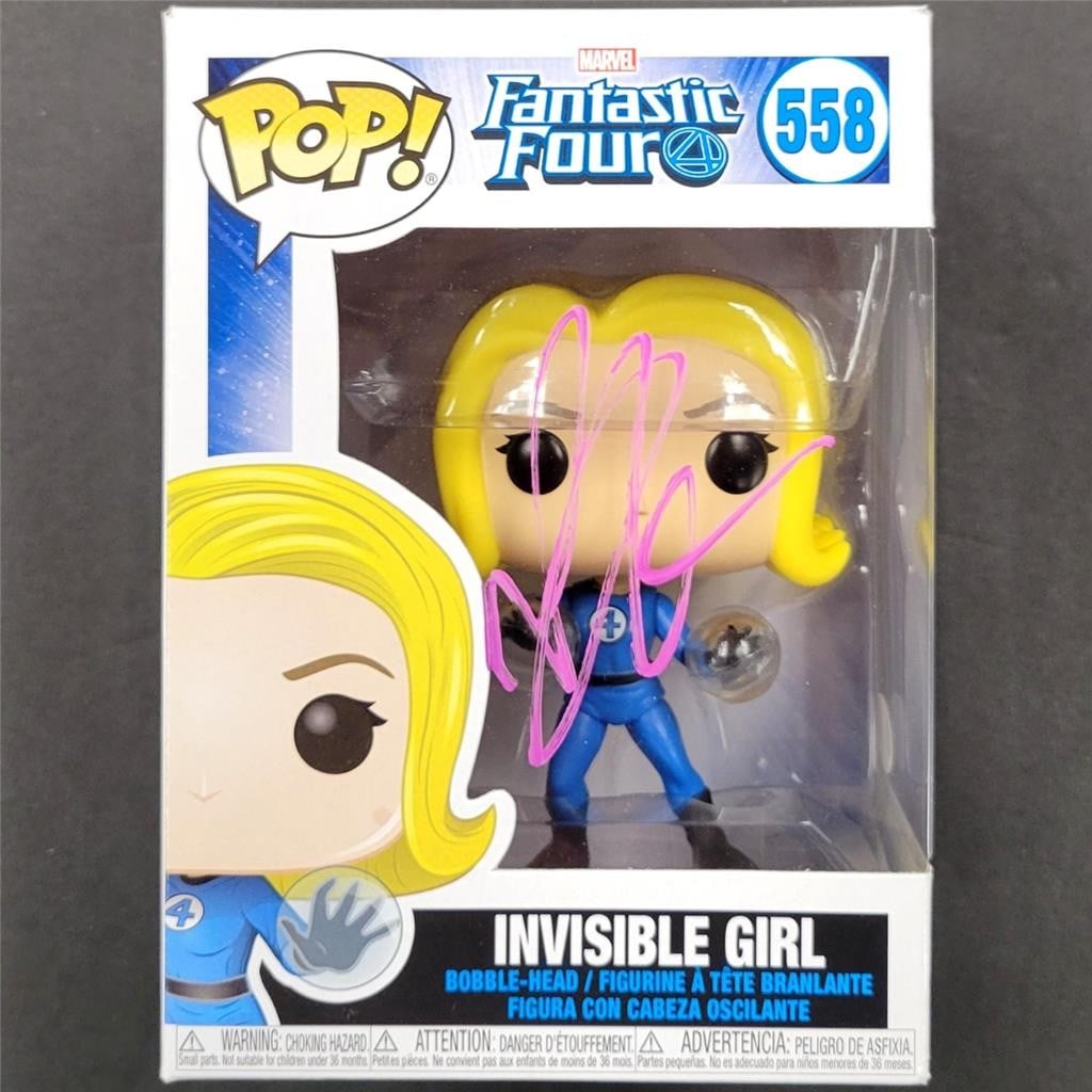 Jessica Alba Signed Invisible Girl Funko Pop! JSA Authenticated Fantastic Four: Jessica Alba Signed Invisible Girl Funko Pop! JSA Authenticated Fantastic Four This is a signed Funko Pop! figure of the Invisible Girl from the Fantastic Four, featuring the autograph of Jessica Alba