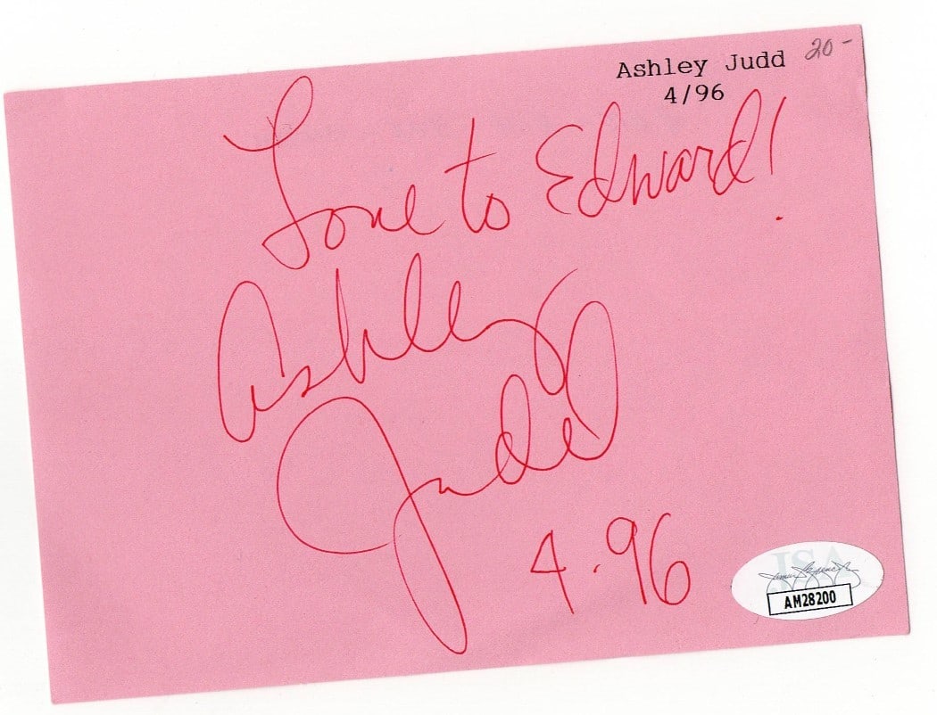 Ashley Judd Authentic Signed Index Card JSA Kiss the Girls Memorabilia: Ashley Judd Authentic Signed Index Card JSA Kiss the Girls Memorabilia This is an autographed index card featuring Ashley Judd, signed in connection with the film 'Kiss the Girls.' The card measures a