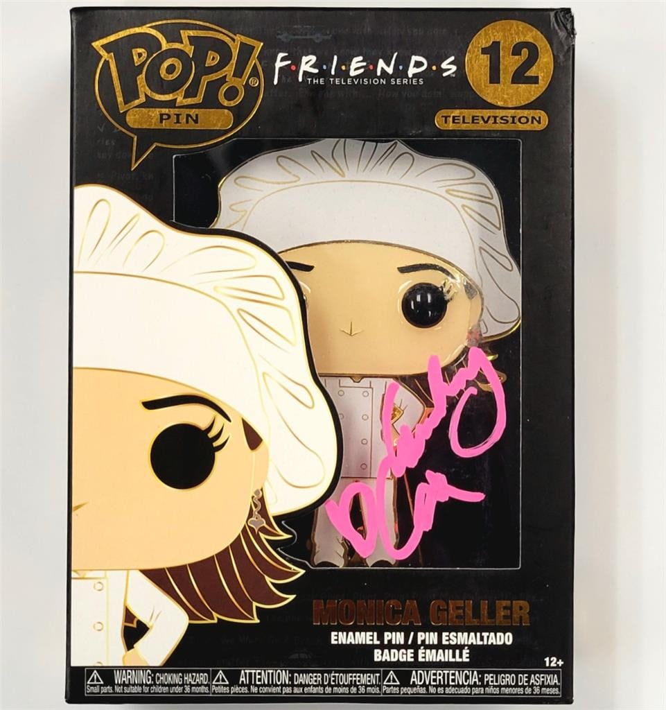 Courteney Cox Autographed Monica Geller Friends Funko Pop Pin Beckett Authenticated: Courteney Cox Autographed Monica Geller Friends Funko Pop Pin Beckett Authenticated This original Funko Pop! Pin features Monica Geller from the television show Friends. The pin is signed by Courteney
