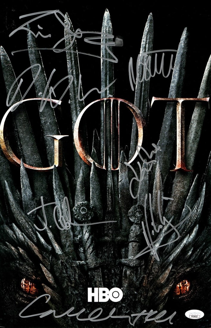 Game of Thrones 11X17 Poster 7 Signed Cast JSA: Game of Thrones 11X17 Poster 7 Signed Cast JSA This is an original 11x17-inch poster from Game of Thrones, autographed by seven cast members: Liam Cunningham, Conleth Hill, Maisie Williams, John Bradl