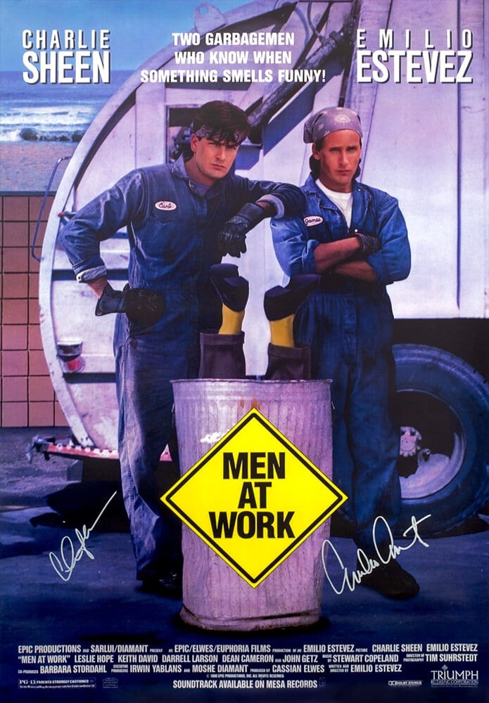 Men At Work 27x40 Poster Signed by Charlie Sheen and Emilio Estevez with COA: Men At Work 27x40 Poster Signed by Charlie Sheen and Emilio Estevez with COA This is a full-size 27x40 inch movie poster for 'Men At Work,' signed by both Charlie Sheen and Emilio Estevez. The poster 