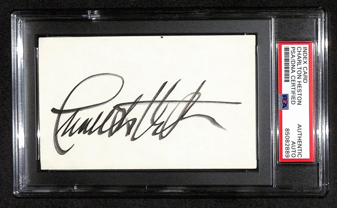 PSA DNA Charlton Heston autographed 3x5 index card The Ten Commandments: PSA DNA Charlton Heston autographed 3x5 index card The Ten Commandments This is an original 3x5 index card signed by Charlton Heston, referencing "The Ten Commandments." The autograph has been authent