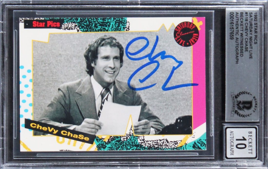 Chevy Chase Autographed 1992 Star Pics SNL Card Beckett 10 Gem Mint Slab: Chevy Chase Autographed 1992 Star Pics SNL Card Beckett 10 Gem Mint Slab This 1992 Star Pics Saturday Night Live #118 trading card features a genuine autograph from Chevy Chase. The card is profession