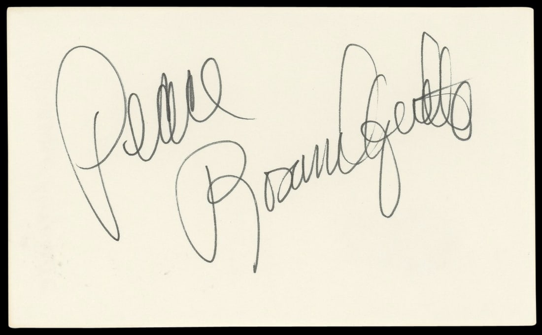 Rosanna Arquette Signed 3x5 Index Card with 'Peace' BAS Certified: Rosanna Arquette Signed 3x5 Index Card with 'Peace' BAS Certified This authentic 3x5 index card features a personal inscription of "Peace" and is signed by the talented Rosanna Arquette. The signature
