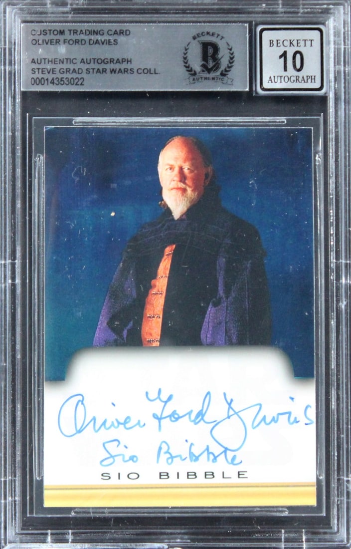 Oliver Ford Davies Star Wars Sio Bibble Signed Card Gem Mint 10 BAS: Oliver Ford Davies Star Wars Sio Bibble Signed Card Gem Mint 10 BAS This authentic autographed card features the signature of Oliver Ford Davies, known for his role as "Sio Bibble" in Star Wars. Grade